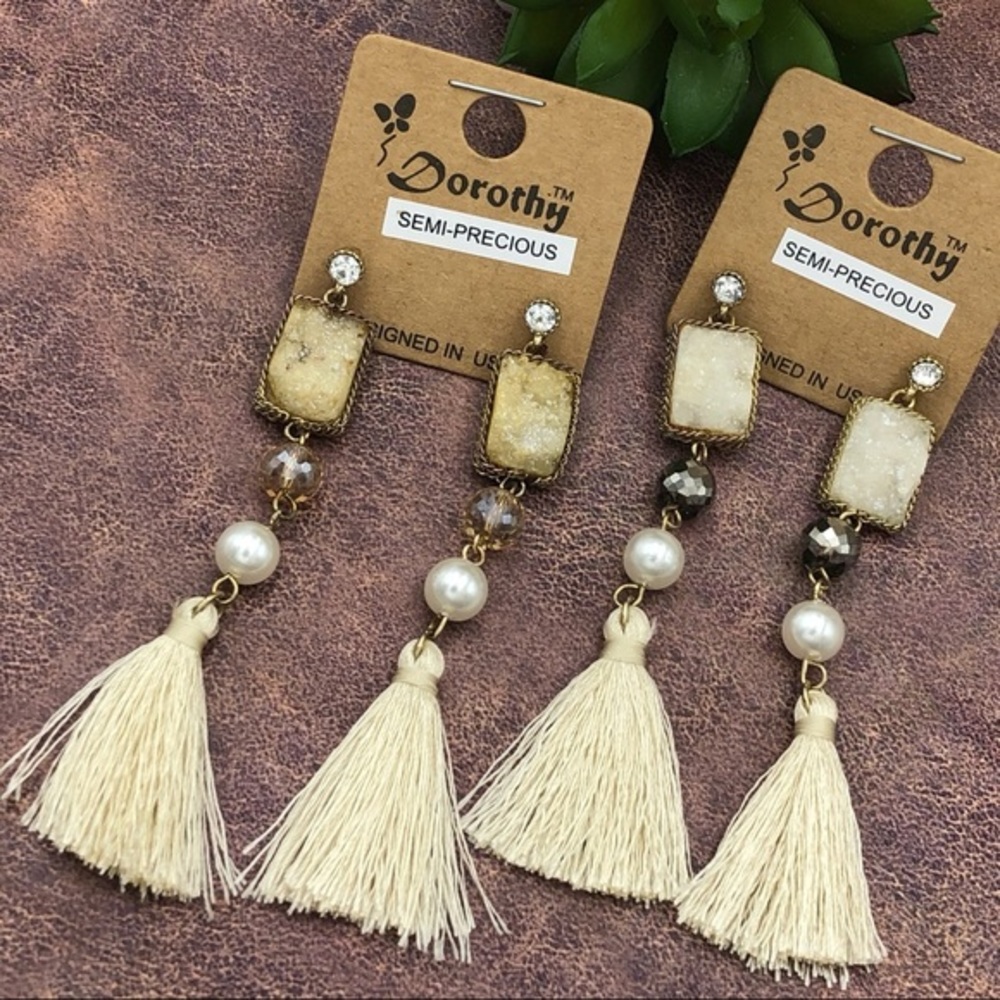 🌼 Genuine Druzy Stone & Tassel Cream Beaded Long Earrings